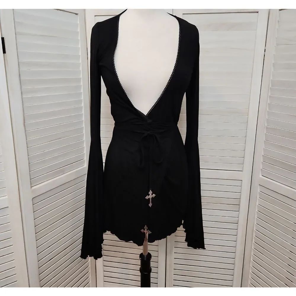 Dolls Kill Black Long Sleeve Deep V Mini Dress with Cross Charmv Size S